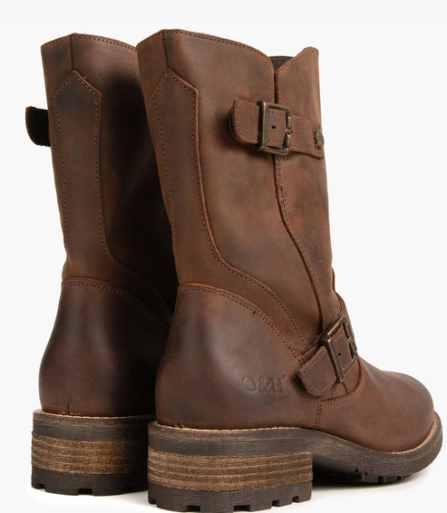 Brown leather motorcycle boots with buckle straps.