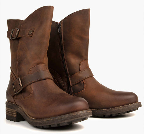Pair of brown leather mid-calf boots with buckles and zippers.
