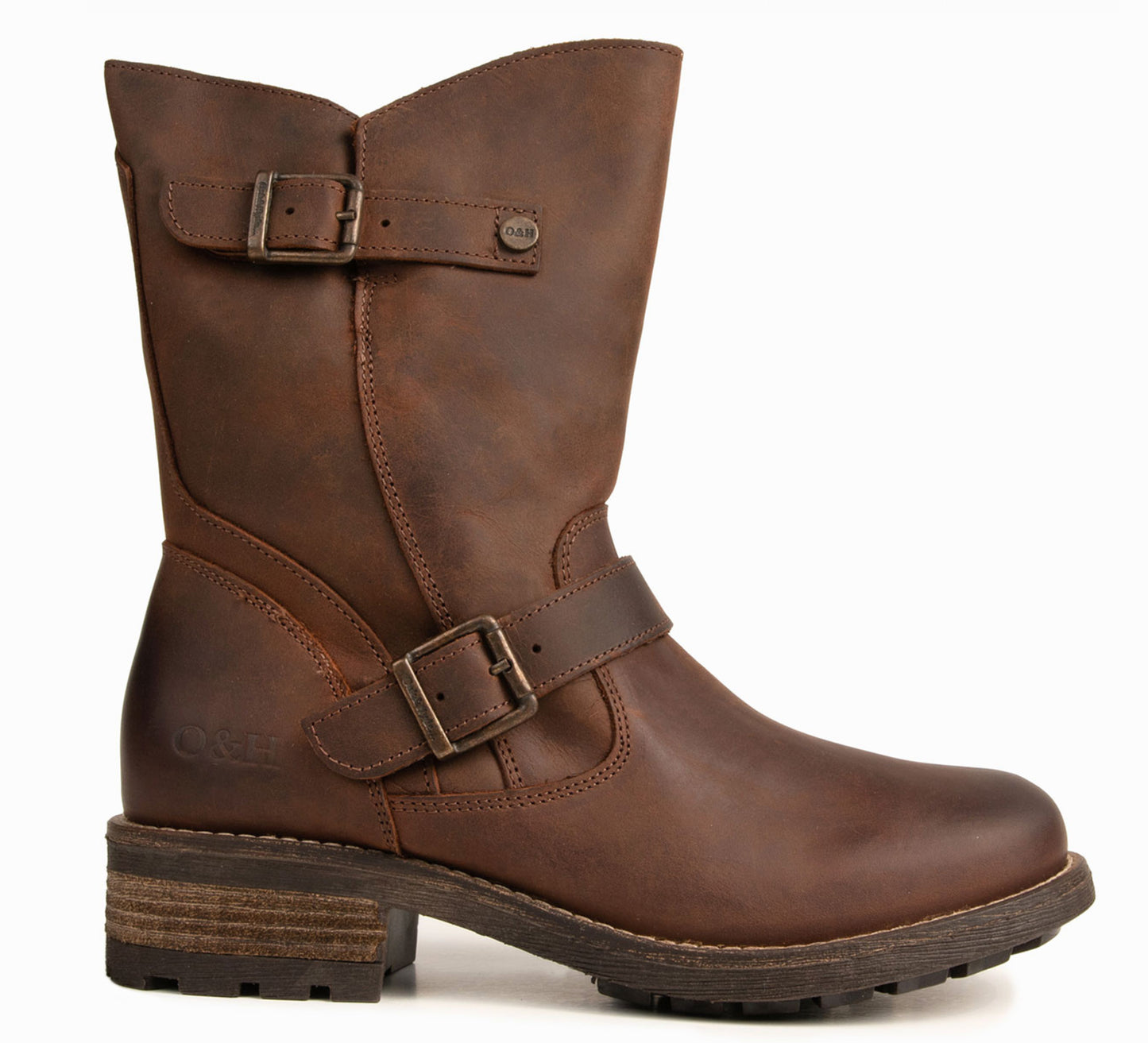 Brown leather mid-calf boot with two buckle straps and a low heel.