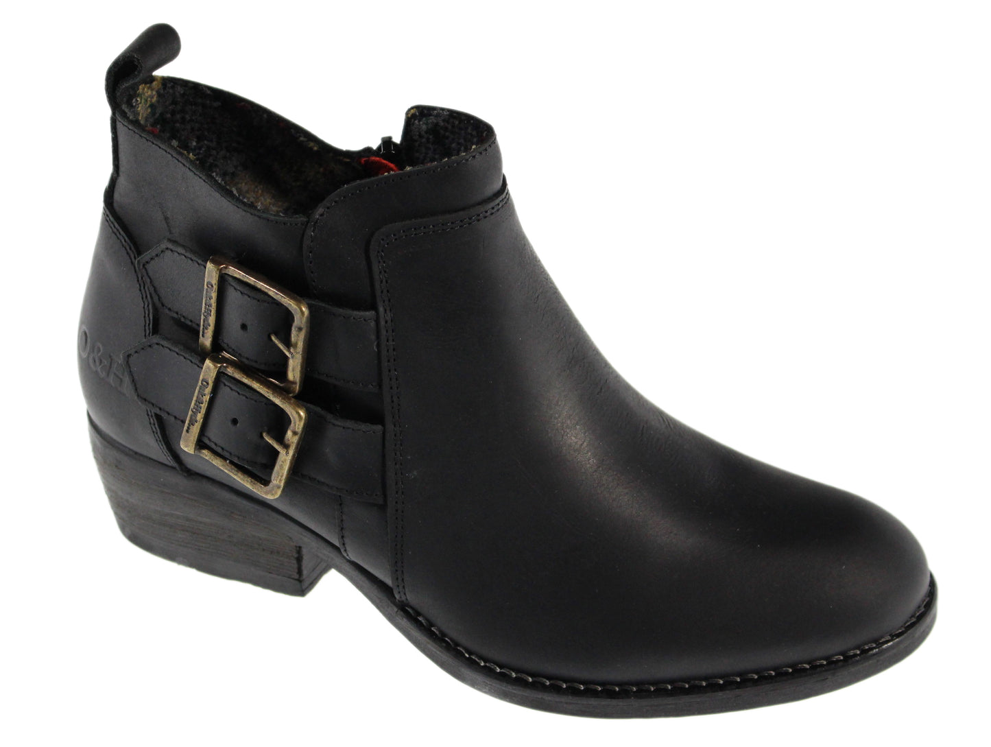 Black leather ankle boot with two decorative buckles on the outer side and a low heel.