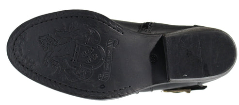 Bottom of a black boot showing embossed design of a horse and shield, stitching along edges, and a block heel.