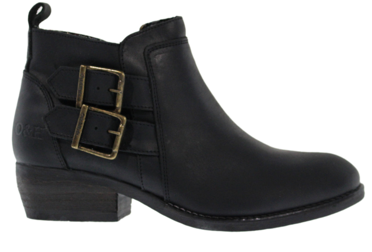 Black ankle boot with two decorative buckled straps.