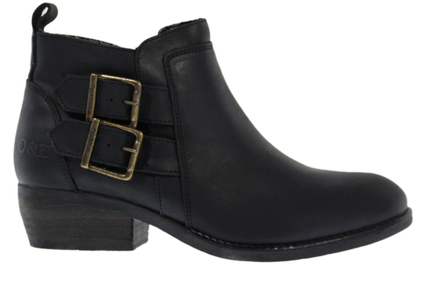 Black ankle boot with two decorative buckled straps.