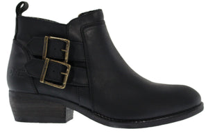 Black ankle boot with two decorative buckled straps.