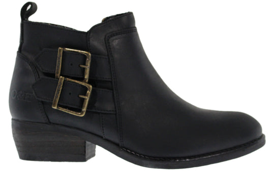 Black ankle boot with two decorative buckled straps.