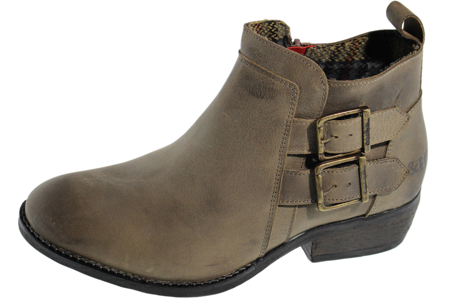 Taupe ankle boot with double buckle detail.