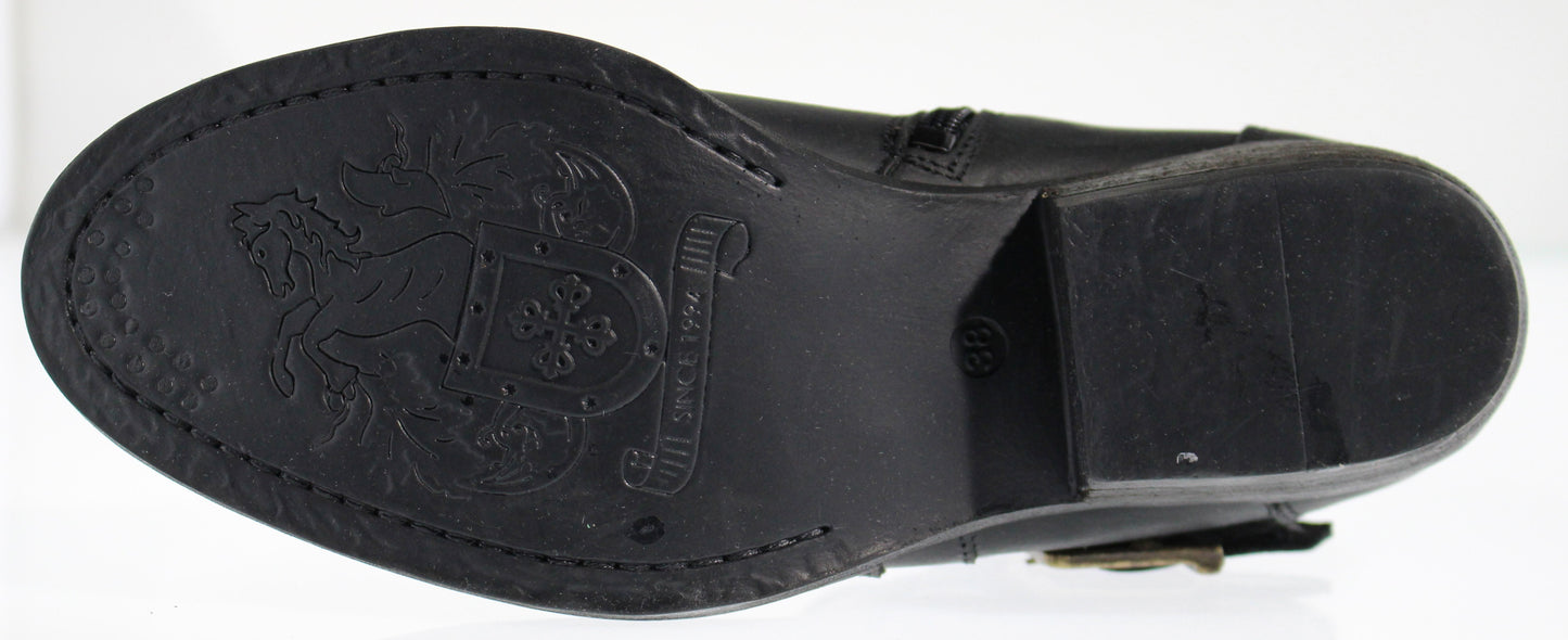 Sole of a black boot with a horse crest design.