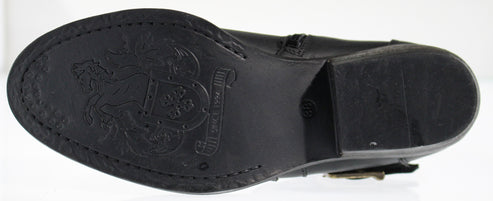 Sole of a black boot with a horse crest design.
