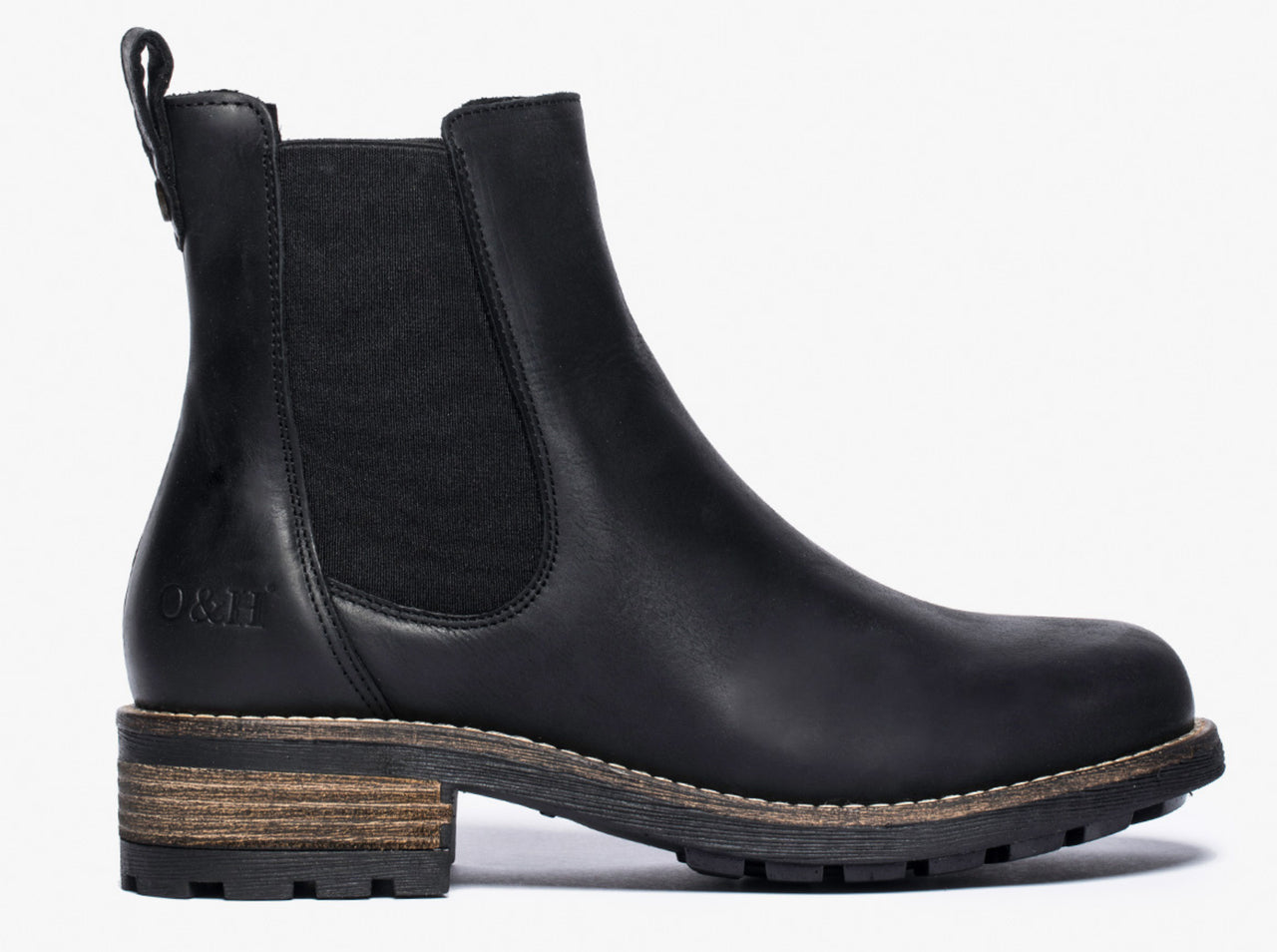 Black leather ankle boot with elastic side panels and a low stacked heel