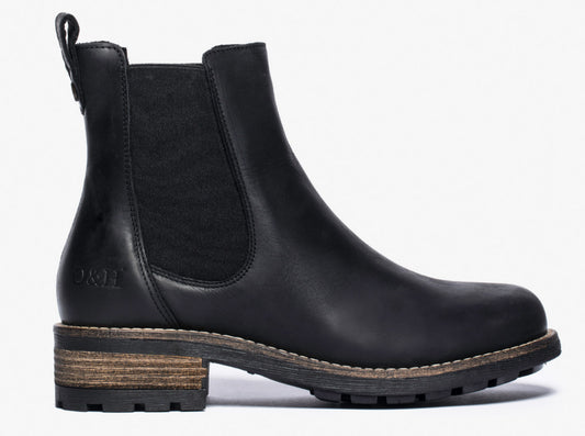 Black leather ankle boot with elastic side panels and a low stacked heel