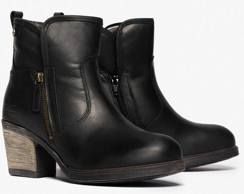 Pair of black leather ankle boots with side zipper and a stacked heel.