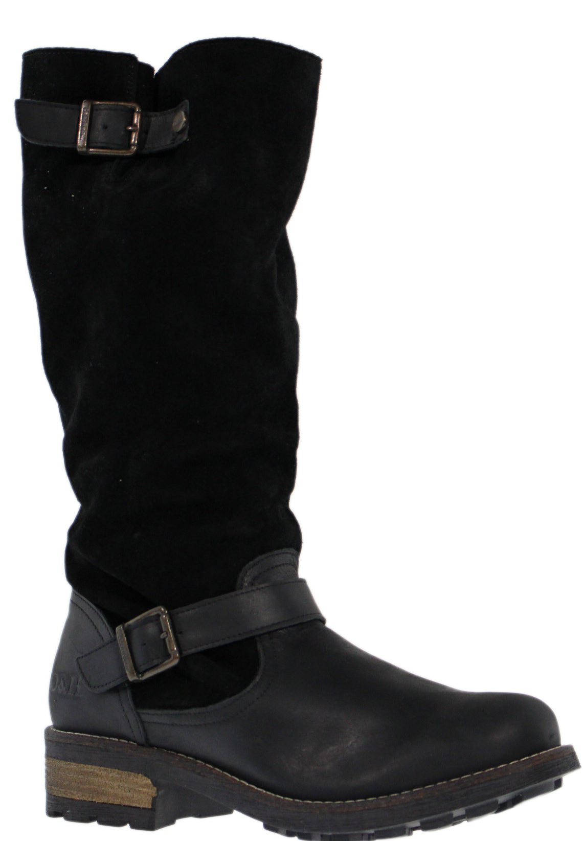 Knee-high black boot with buckle strap.