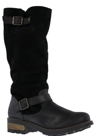 Knee-high black boot with buckle strap.