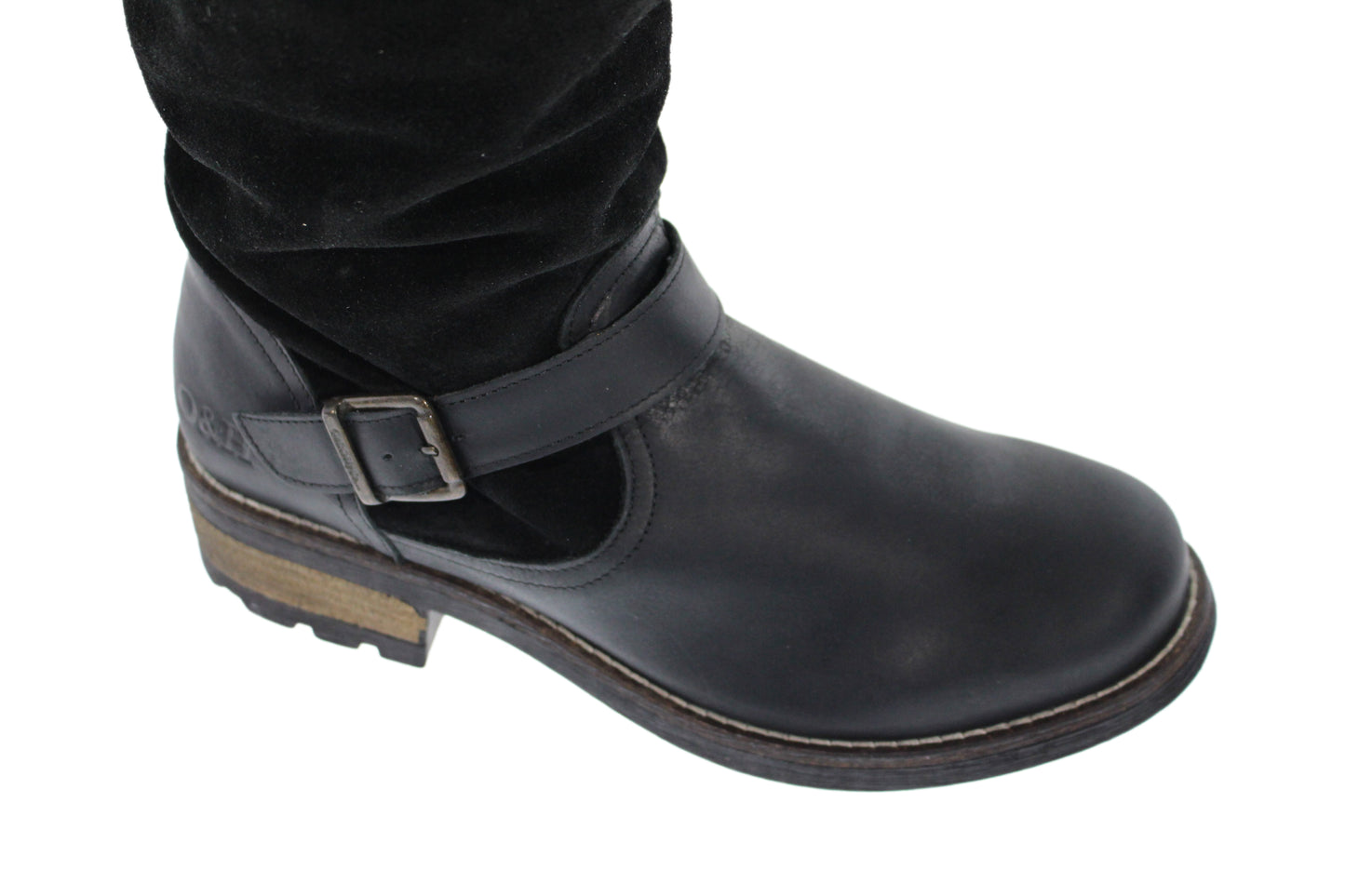 Close-up of black leather boot with buckled strap and slouchy suede upper.