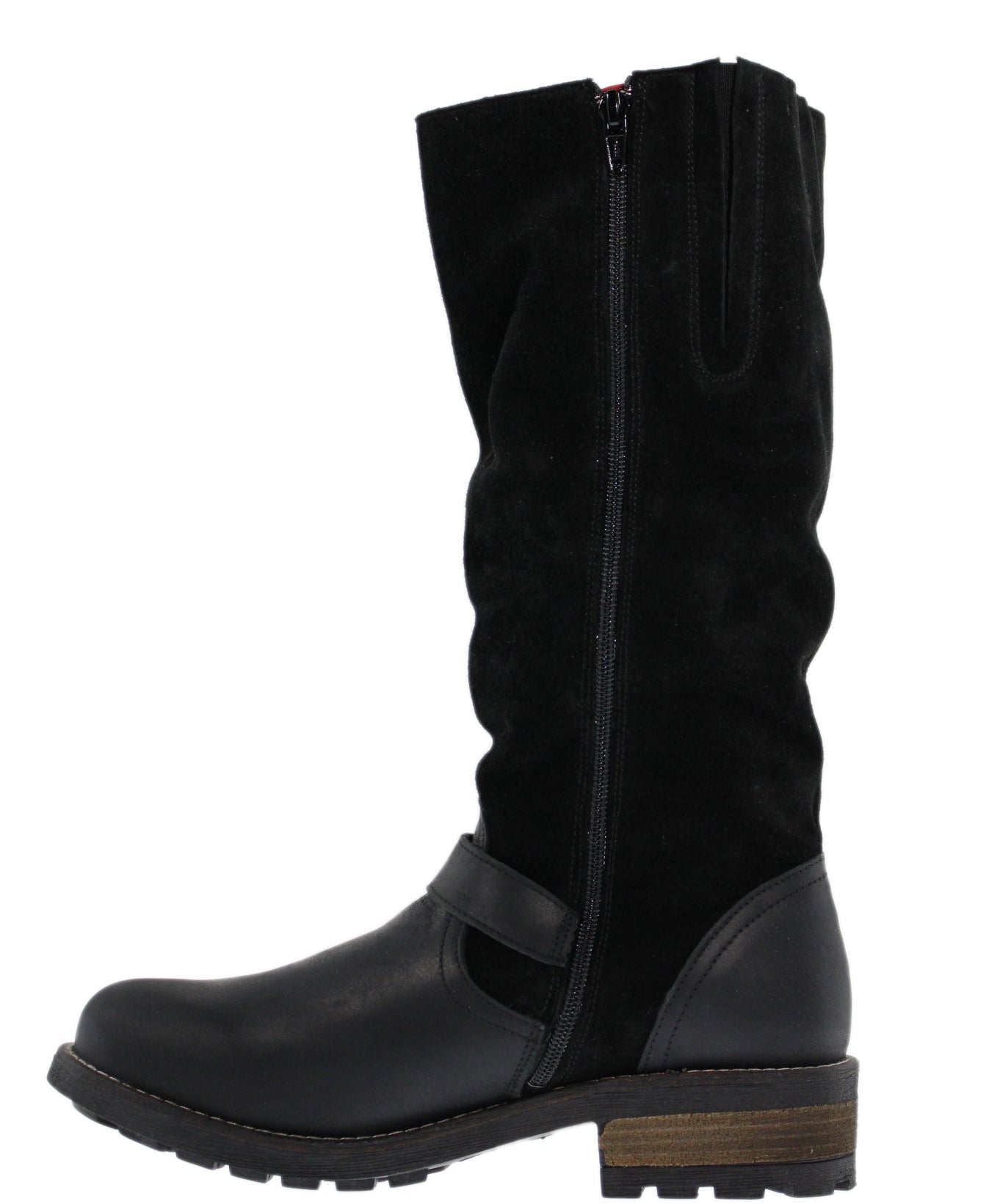 Black knee-high boot featuring a block heel, decorative buckle, and side zipper.