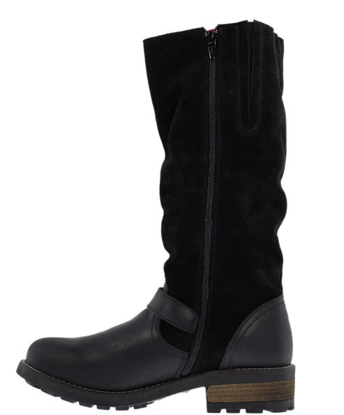 Black knee-high boot featuring a block heel, decorative buckle, and side zipper.