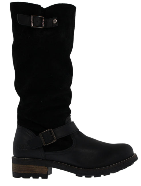 Black knee high boot with buckle straps and short block heel.