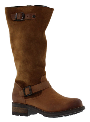 Knee-high brown suede boot with decorative buckle straps.