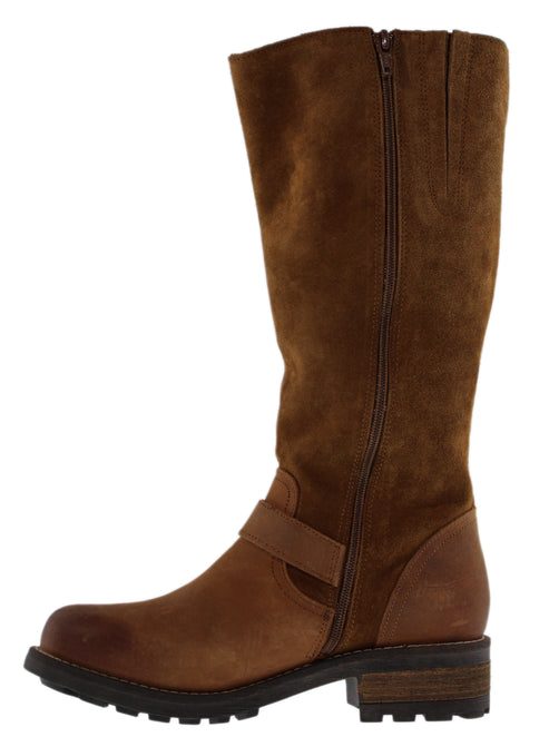 Brown knee-high boot with suede upper and zip closure.