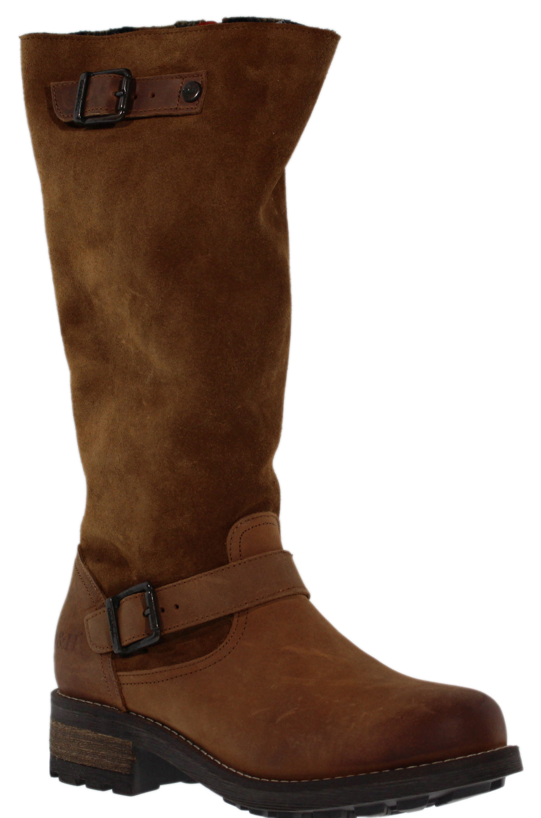 Knee-high brown leather boot with decorative buckle straps.