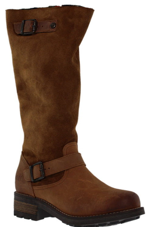 Knee-high brown leather boot with decorative buckle straps.