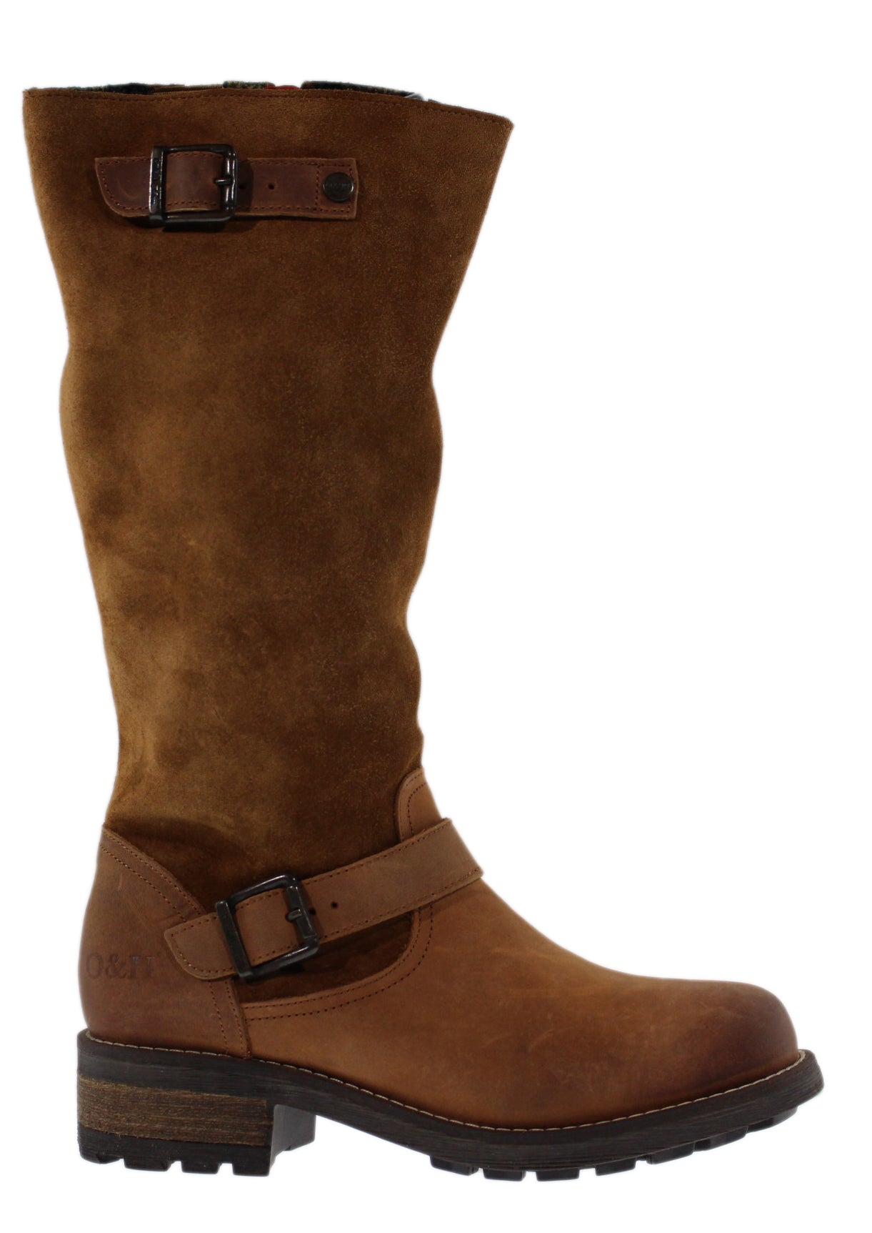 Knee-high brown suede boot with buckle detail.