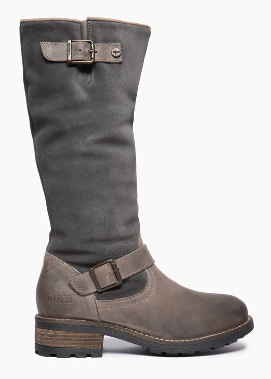 Knee-high, gray leather boot with two buckled straps.
