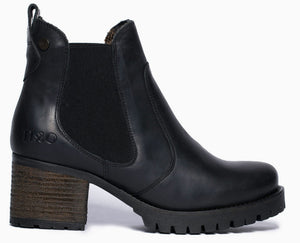 Black leather Chelsea boot with a chunky block heel and lug sole; "H2O" logo visible near the ankle.