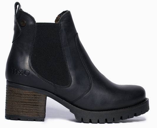 Black leather Chelsea boot with a chunky block heel and lug sole; "H2O" logo visible near the ankle.