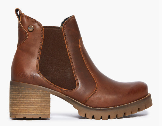 Brown leather ankle boot with a block heel and elastic side panels.
