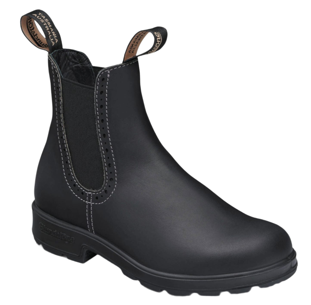 Black leather Chelsea boot with pull loops and decorative stitching.