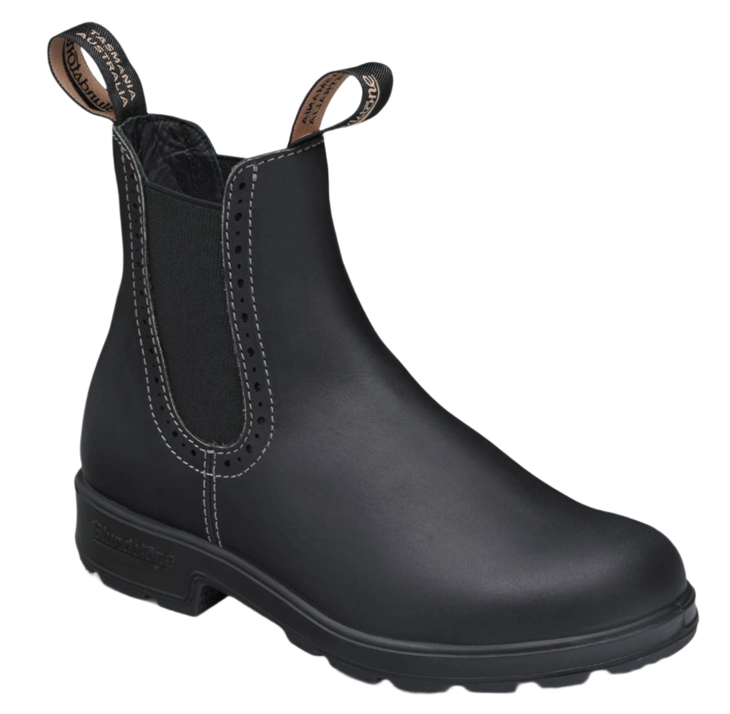 Black leather Chelsea boot with pull loops and decorative stitching.