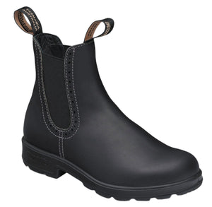 Black leather Chelsea boot with pull loops and decorative stitching.