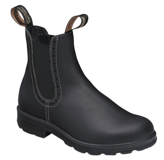 Black leather Chelsea boot with pull loops and decorative stitching.