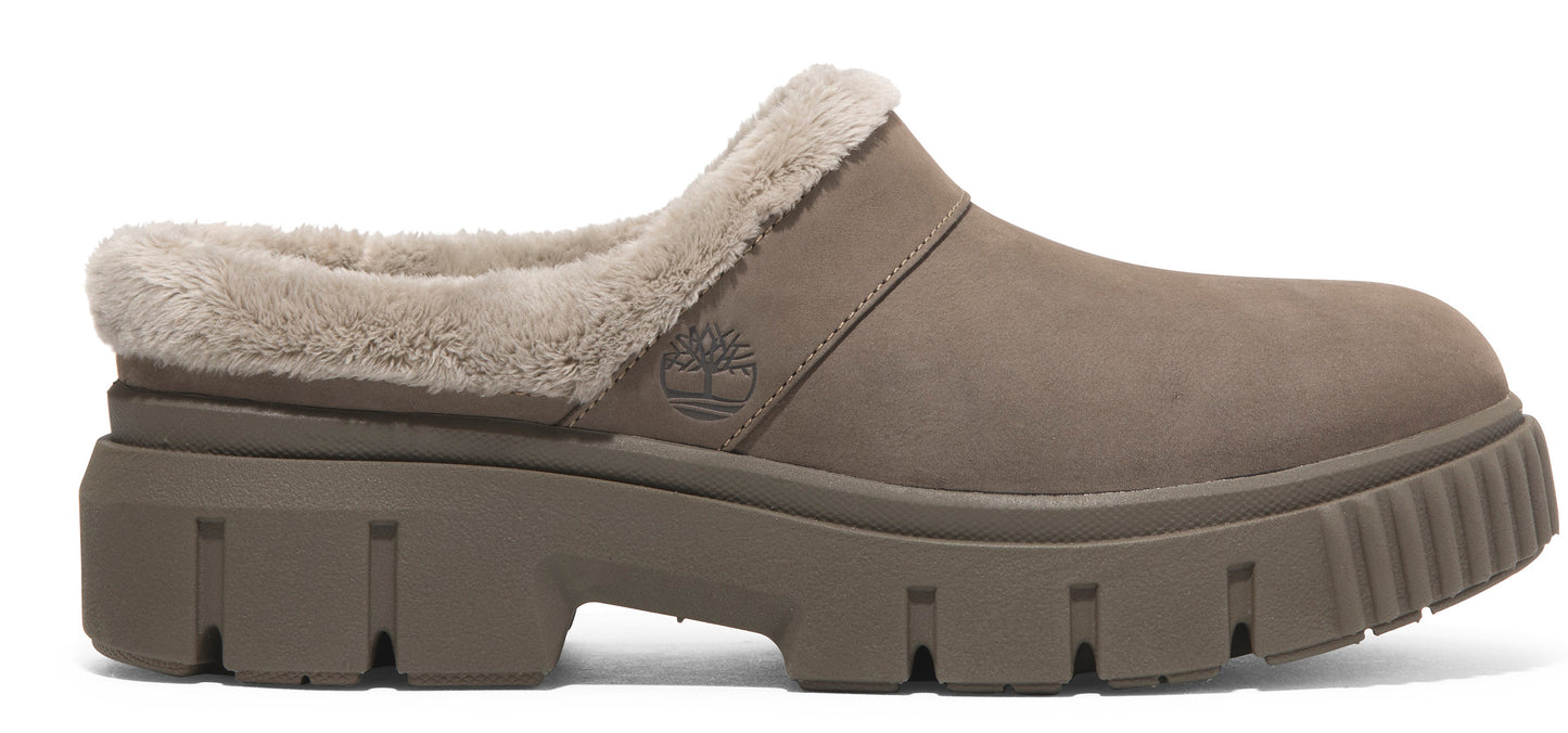 Taupe clog shoe with lug sole and faux fur lining.