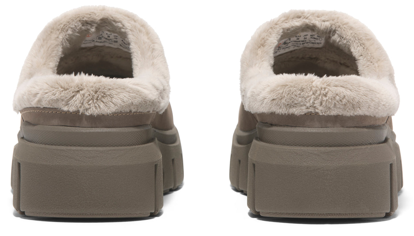 A pair of light brown slippers featuring a thick platform heel and faux fur lining.