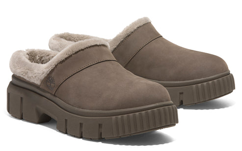 A pair of taupe-colored clogs with a platform sole and faux fur lining.