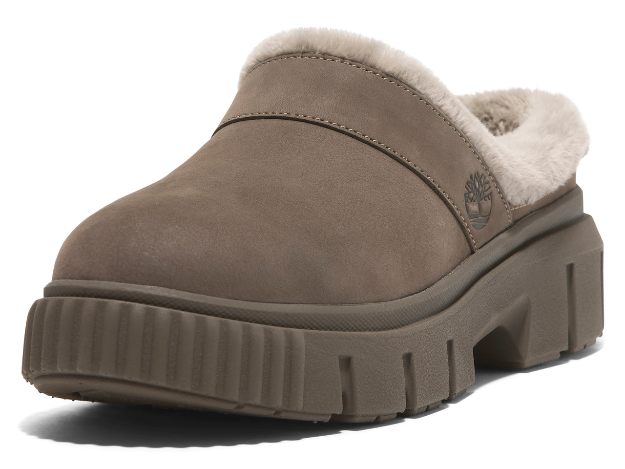 Taupe slip-on clog shoe with a thick, blocky platform sole and faux fur lining.