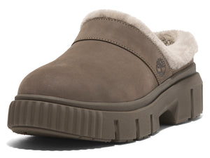 Taupe slip-on clog shoe with a thick, blocky platform sole and faux fur lining.