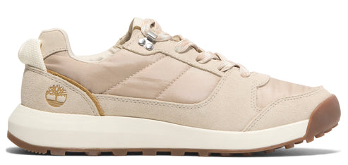 A low profile tan sneaker with white midsoles and brown outsoles.