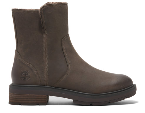 Dark brown ankle boot with zipper and low heel.