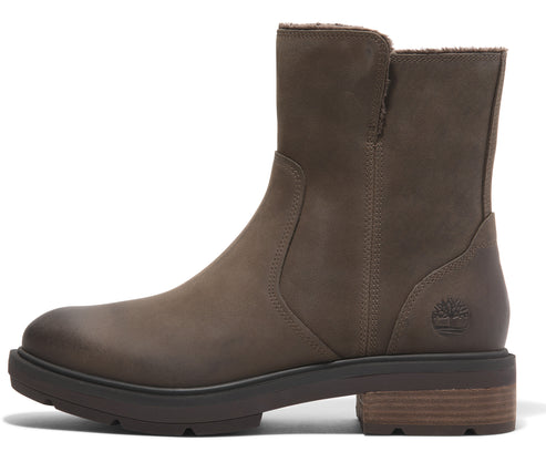 Ankle-high, light brown boot with dark brown sole.