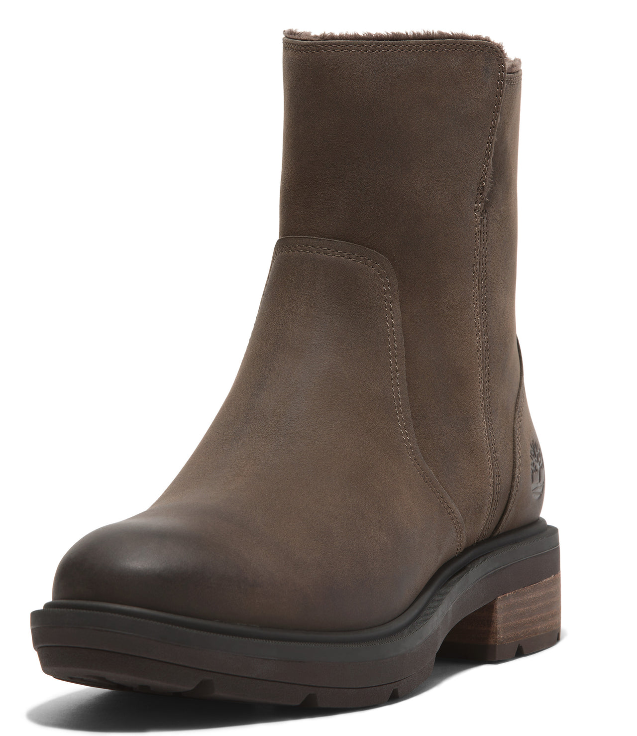 Angled view of a brown leather ankle boot with a rounded toe and a low block heel.