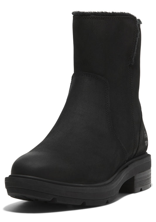 Black ankle boot with faux fur lining.