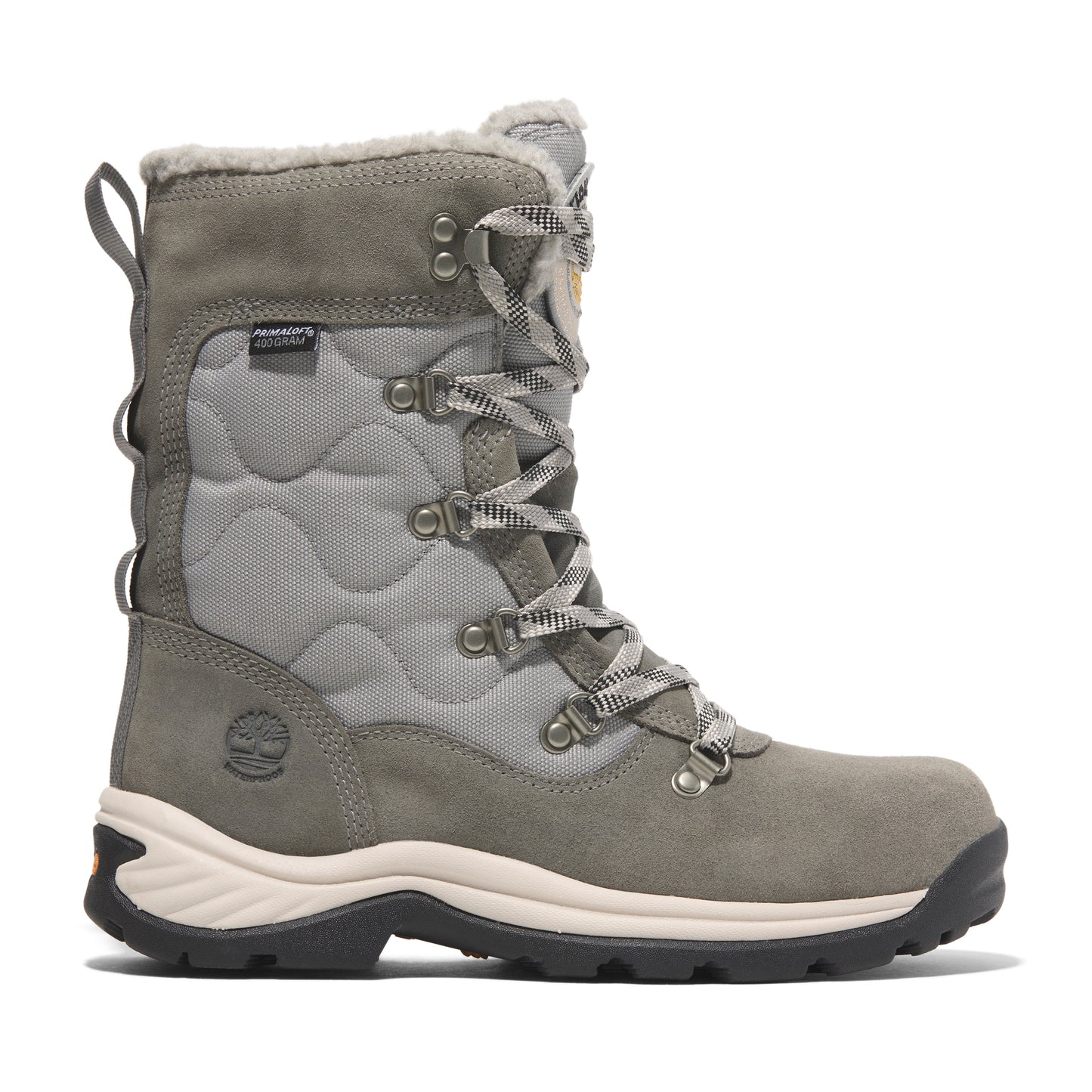Tall, lace-up light gray and silver boot with a faux fur lining and a waterproof membrane.
