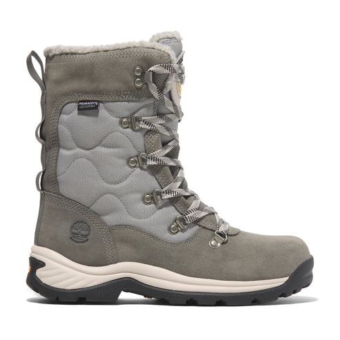 Tall, lace-up light gray and silver boot with a faux fur lining and a waterproof membrane.