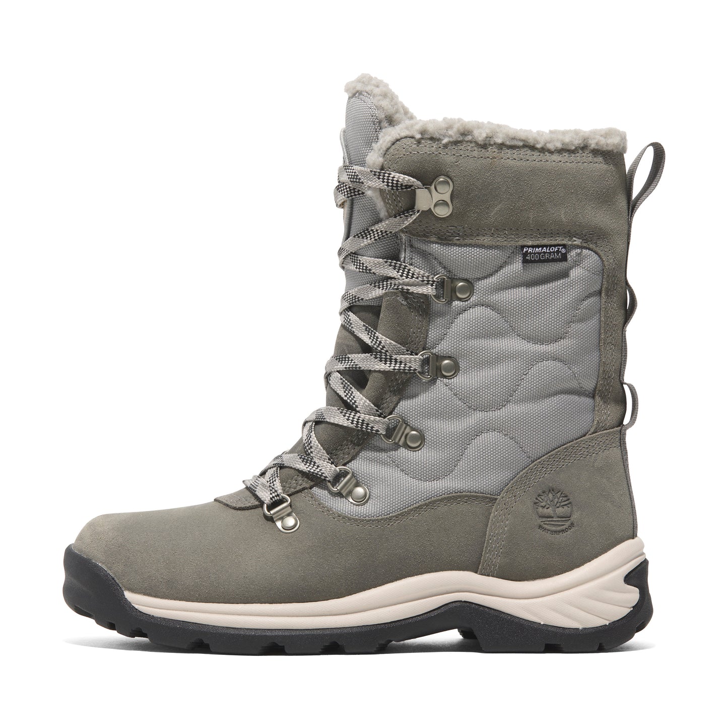 Tall gray boot with gray quilted fabric, cream colored trim, and gray laces.