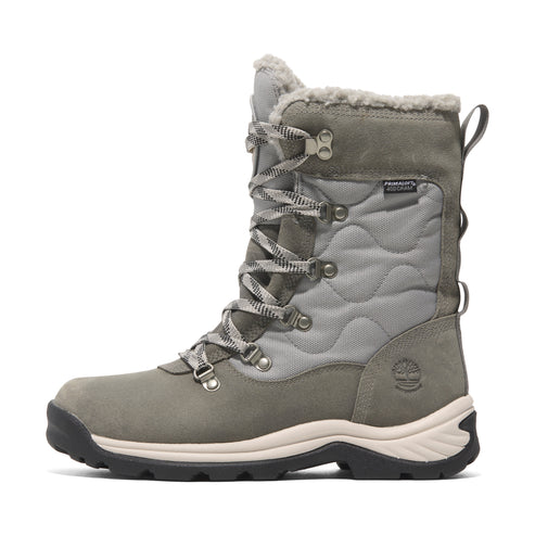 Tall gray boot with gray quilted fabric, cream colored trim, and gray laces.