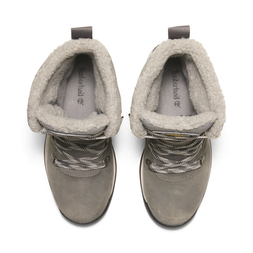 Top-down view of gray boots with fur lining and patterned laces.