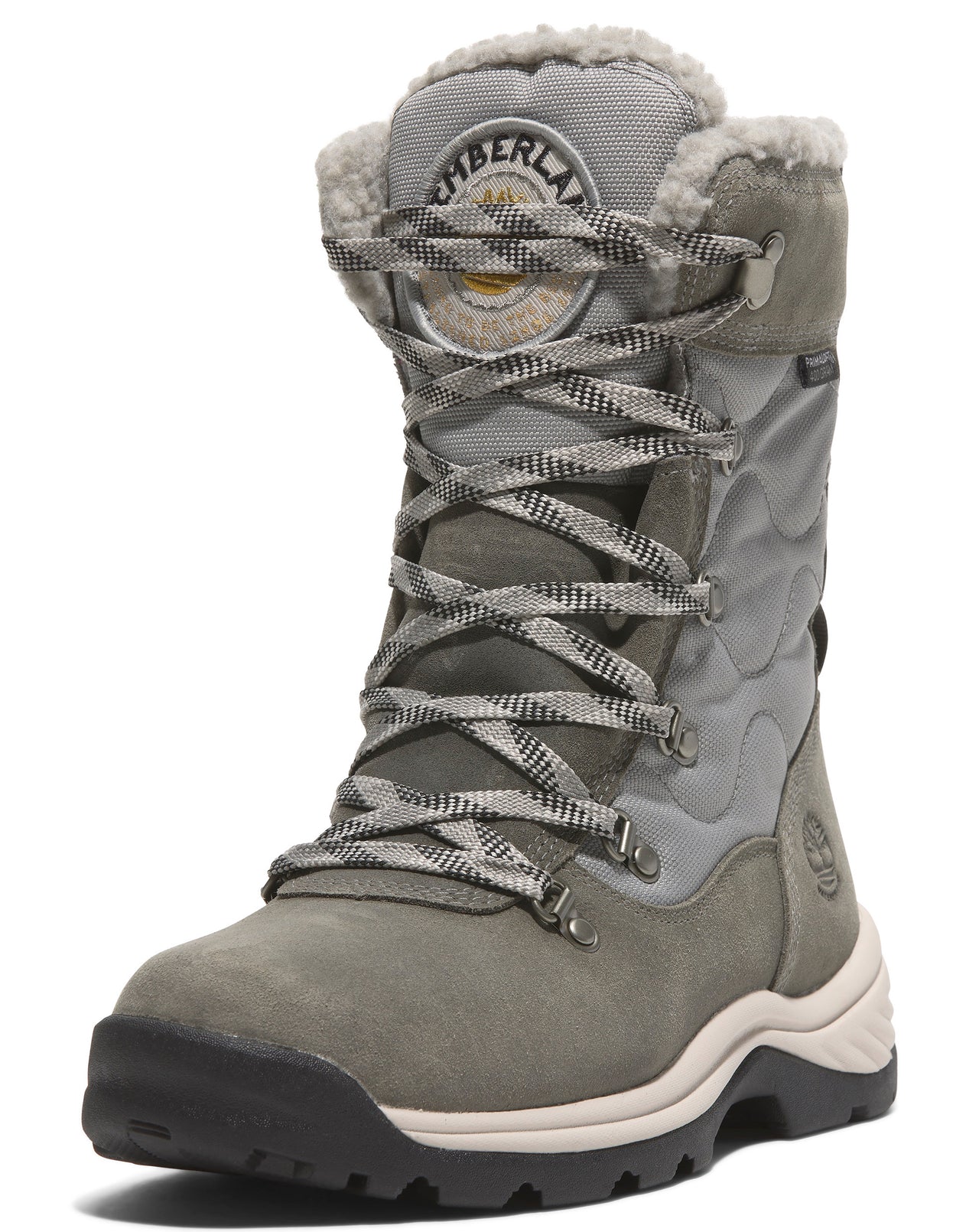 Grey tall snow boot with front lacing and fur trim.